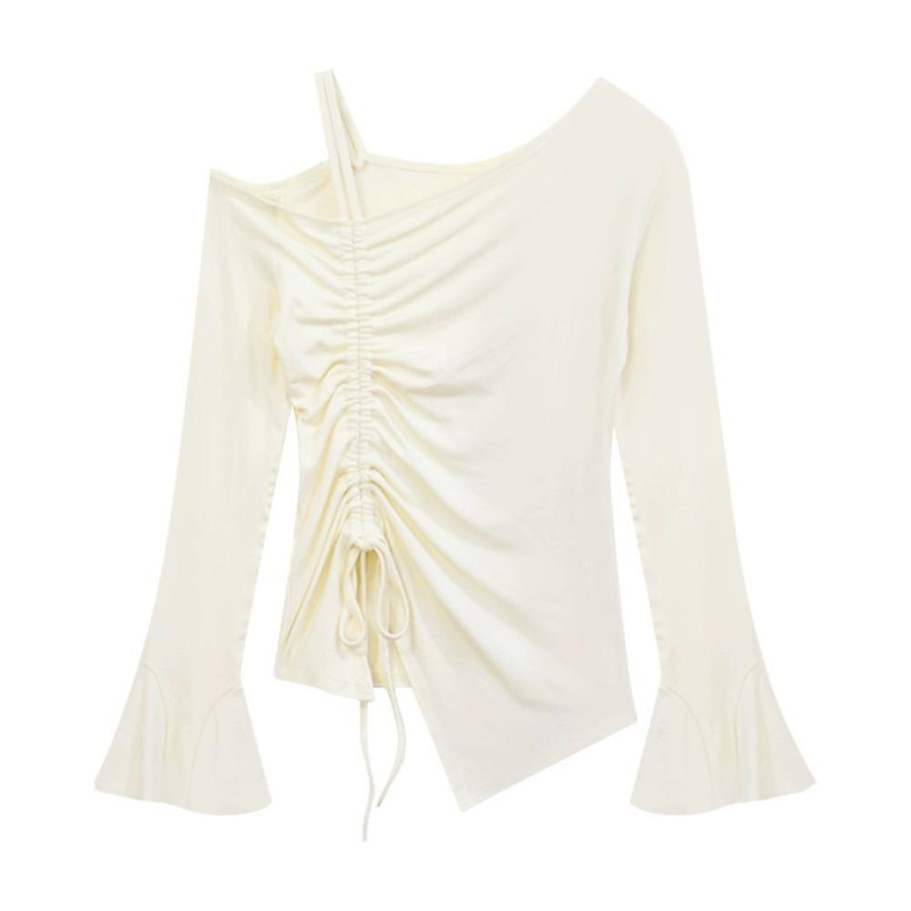 Drawstring Off Shoulder Top Slim Slanted Shoulder Top Sweet Long Sleeve Crop Top Summer