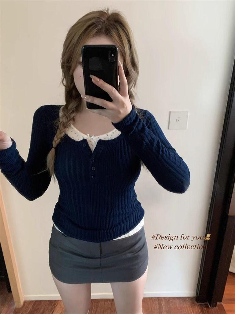 Women's Korean Style Slim-Fit Ribbed T-Shirt: Spicy Girl Half-Open Collar, Long-Sleeved, Autumn/Winter