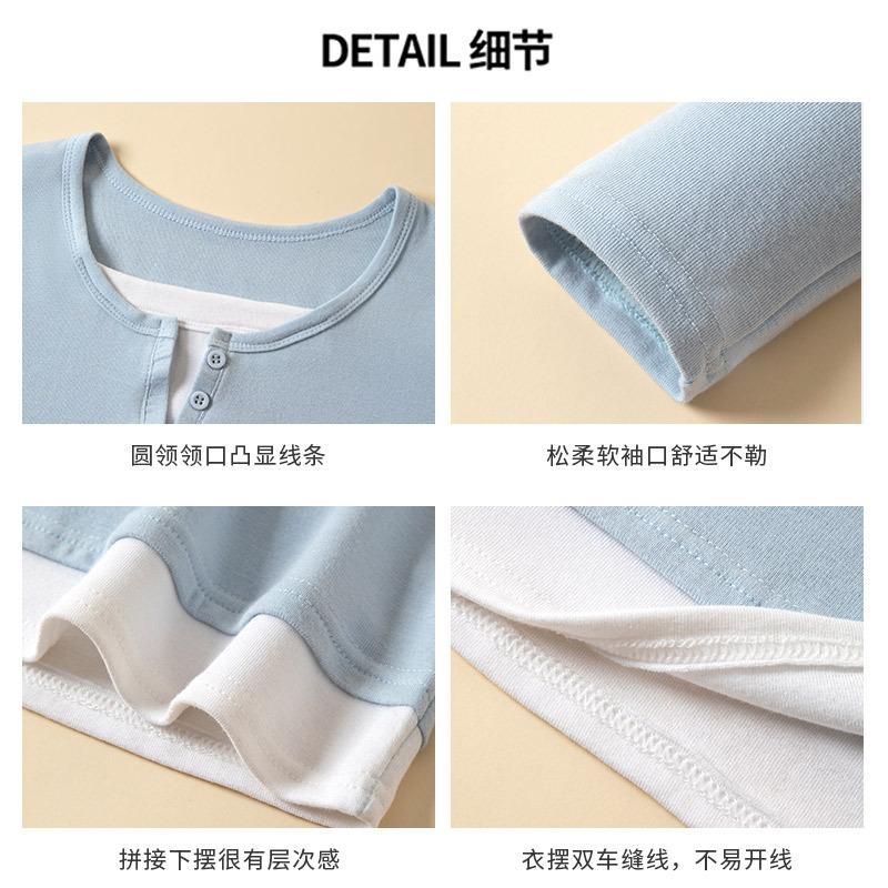 9-Button contrasting color fake two-piece T-shirt women's new design V-neck short shirt