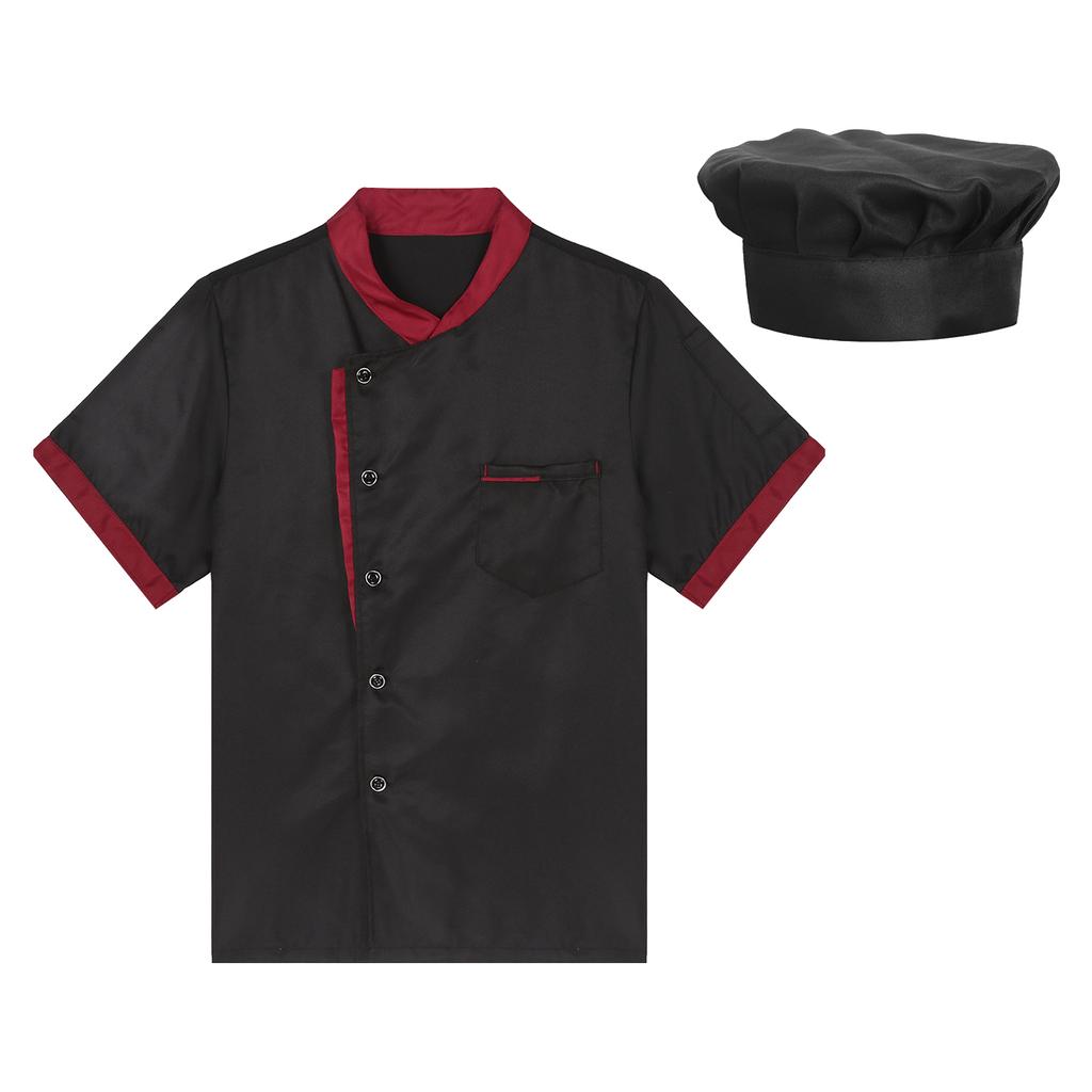 Unisex oddychający fartuch szefa kuchni z krótkim rękawem, zapinany na guziki, kurtka kucharza, uniform piekarni, kuchni, restauracji, czapka