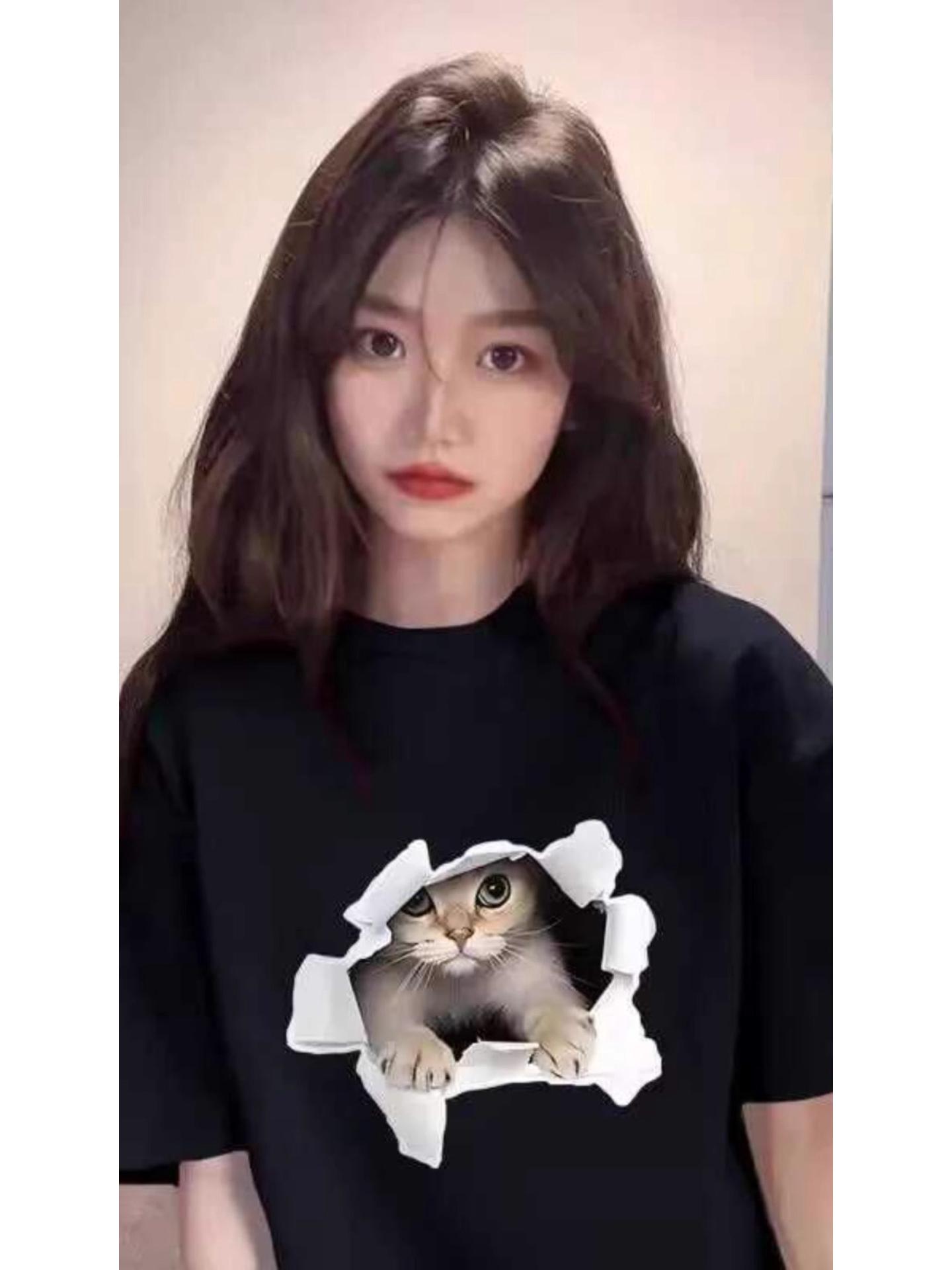 

Женская милая футболка с принтом котенка, свободного кроя, с коротким рукавом - Белая, нишевый дизайн, круглый вырез, тренд весна/лето XL