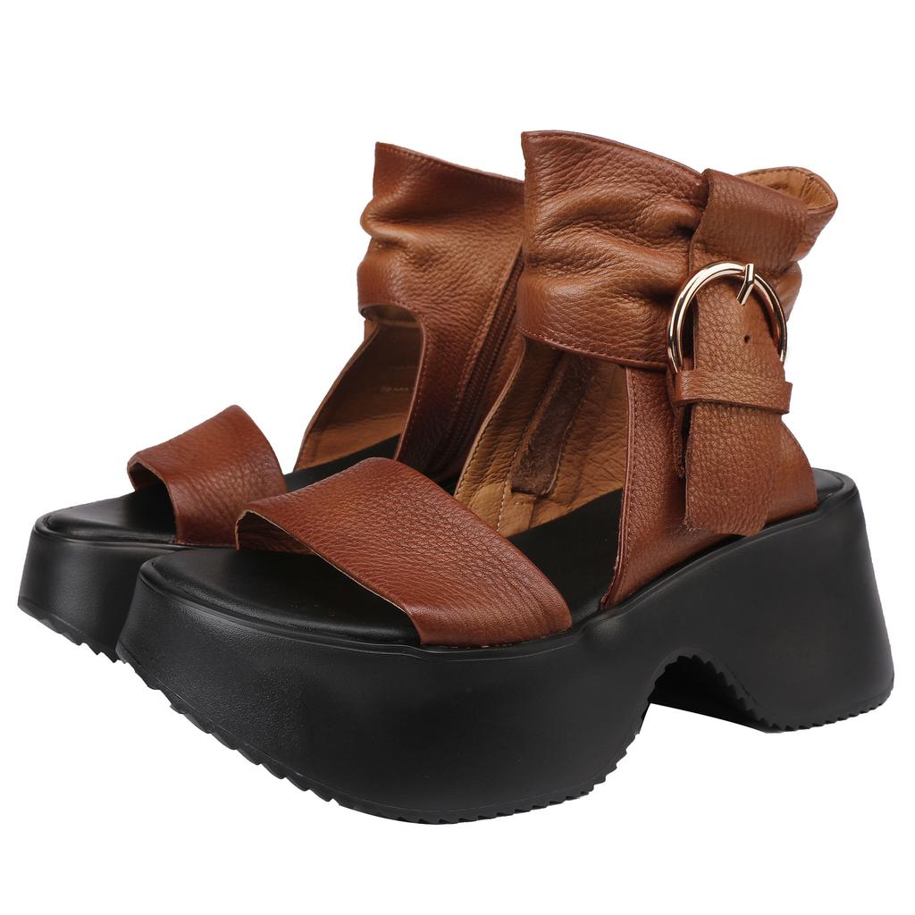 Johnature Genuine Leather Peep Toed Thick Soled Shoes Height Increasing Retro Women's High-heeled Sandals