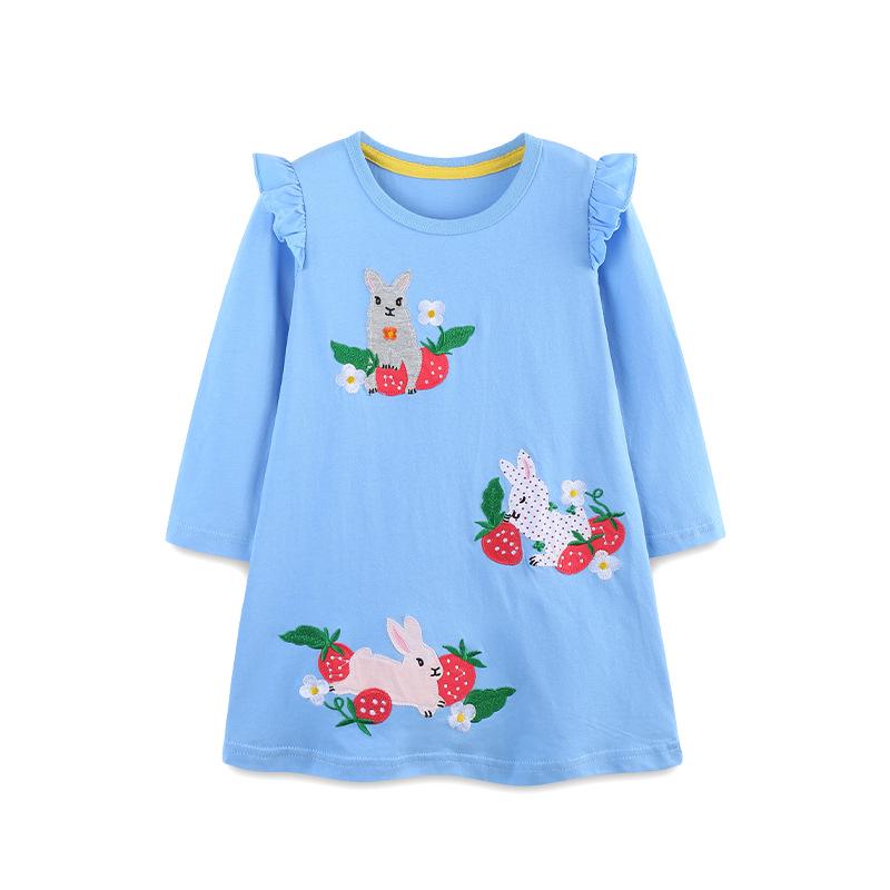 Autumn Rabbit Embroidery Princess Dress for Girls - Knitted Cotton Round Neck 4Y(110cm)