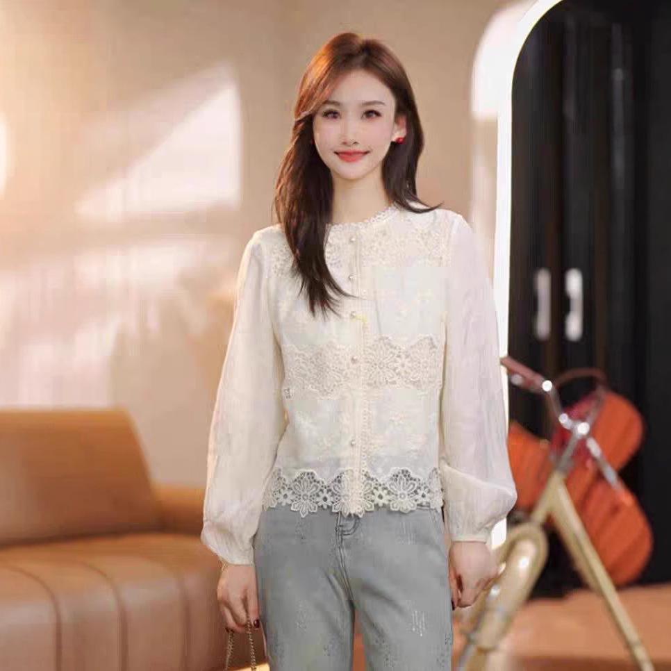 

2025 Spring Elegant Lace Cardigan & French White Women s Versatile Long Sleeve Top M
