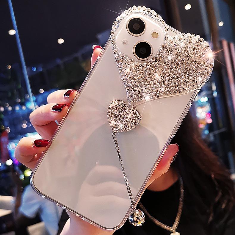 Creative Heart-shaped Water Diamond 15Promax for IPhone16 Phone Case, Apple 14 Protective Case 13, Fashionable and Luxurious