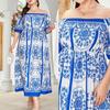 Plus Size Off-Shoulder Blue & White Porcelain Print A-Line Dress for Women