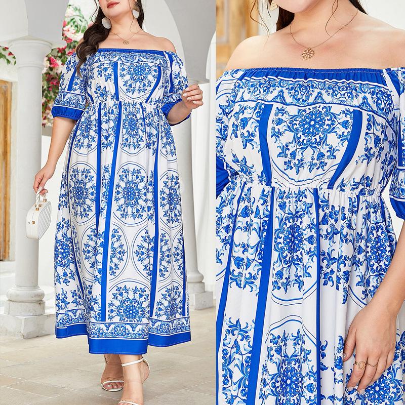 Plus Size Off-Shoulder Blue & White Porcelain Print A-Line Dress for Women
