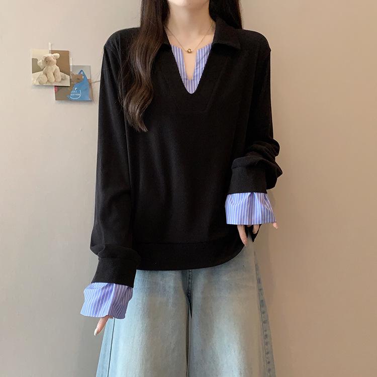 

Plus Size Women s Korean Style Color Block Two-Piece Striped Pullover Sweatshirt Top XL чорний