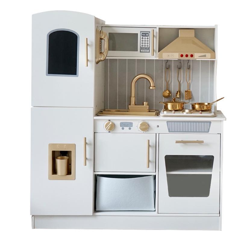 

Золотой Кухонный Деревянный Игровой Набор с Вытяжкой, Звуковыми и Световыми Эффектами, и Посудой.