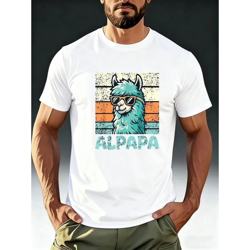 

Fun Alpaca ALPAPA Adult T-shirt Featuring a Cool Alpaca Wearing Fashion Glasses Against a Distressed Striped Background. The Fresh Blue and Orange S белый
