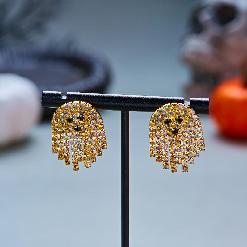2Pcs Cute Halloween Ghost Stud Earrings Ab Crystal Encrusted Crystal Sparkling Quality Jewelry Gift For Women Girls Fashion