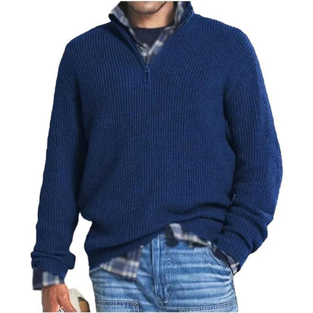 Men's Casual Loose Solid Color Semi-zipper Stand-up Collar Sweater, Men's Warm Long-sleeved Pullover Knitted Sweater