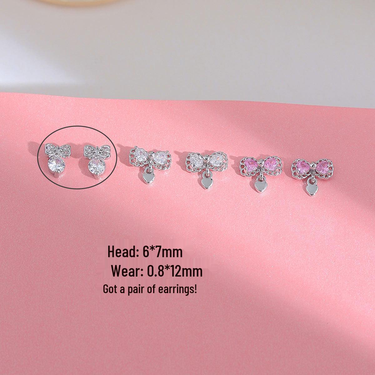 Copper Gold-Plated 925 Silver Bow Heart Earrings with Pink Diamond Zirconia Pendant Durable Gold Plating