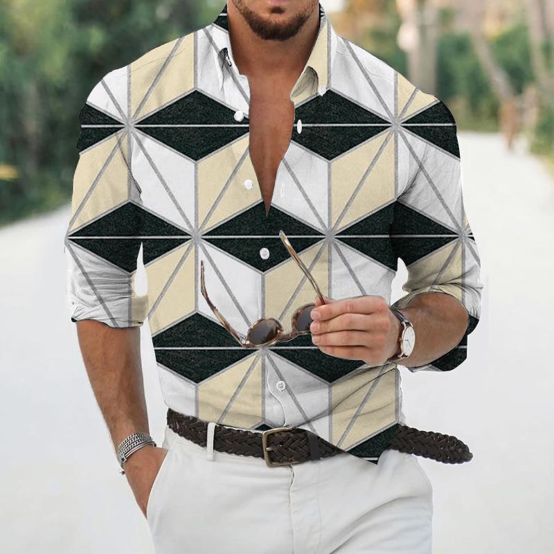 

2024 Весна и Осень Внешняя торговля Европа и Америка Новая мужская рубашка с геометрическим 3D-принтом 3XL