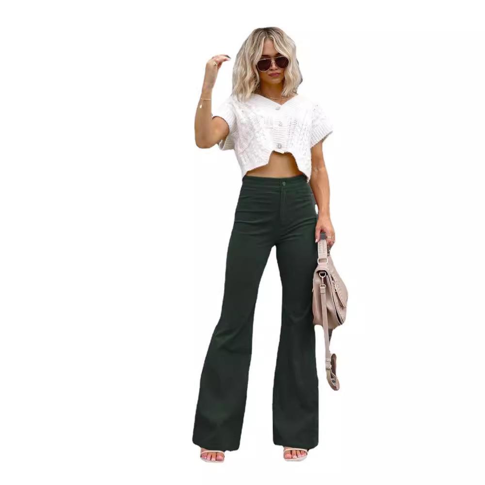 Winter Solid Color Corduroy Casual Fashion Temperament Women's Trousers Casual Retro High Rise Single Button Slim Hip Flared Trousers
