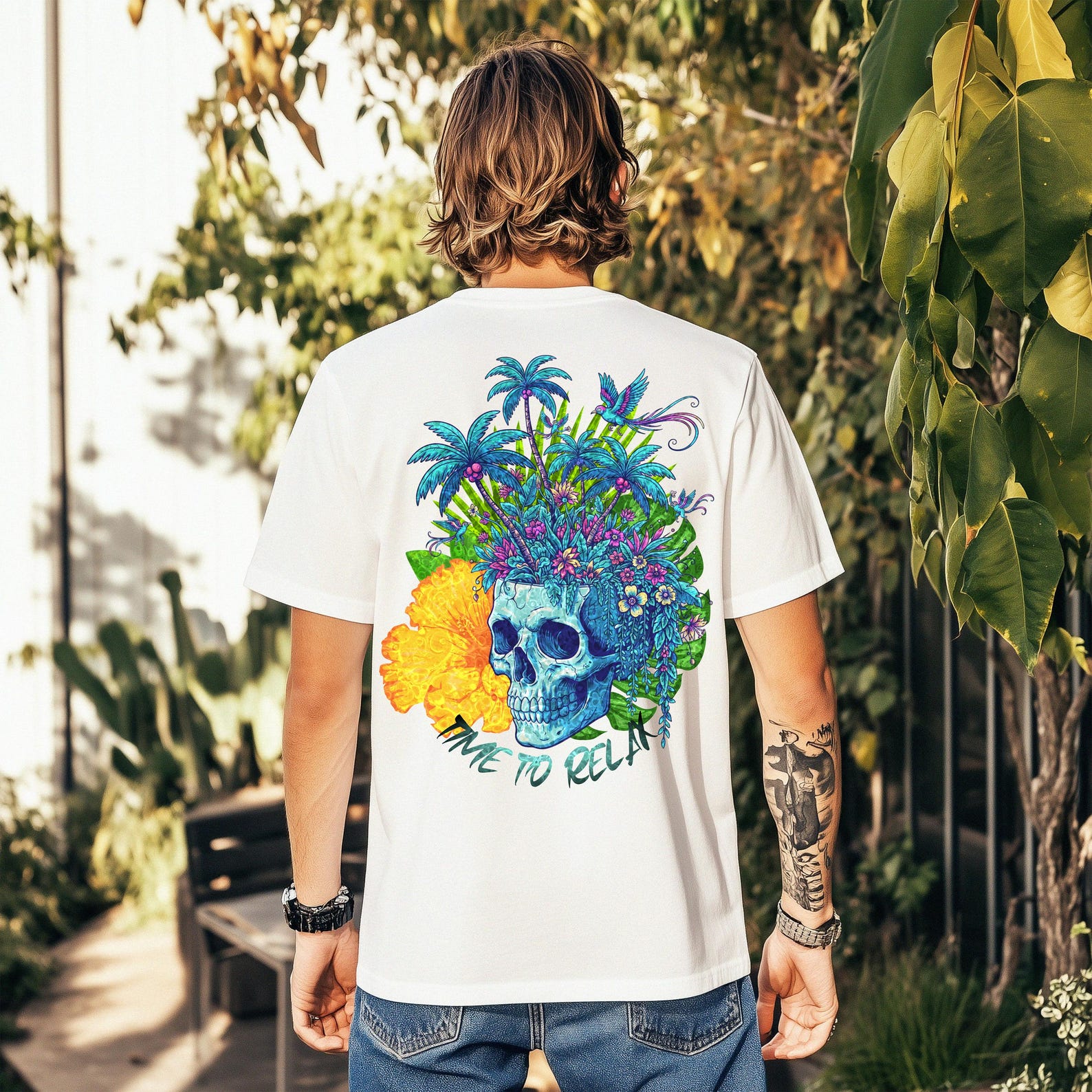 Tropical Skull Time To Relax T-Shirt | Island Vacation Back Print, Colorful Summer M