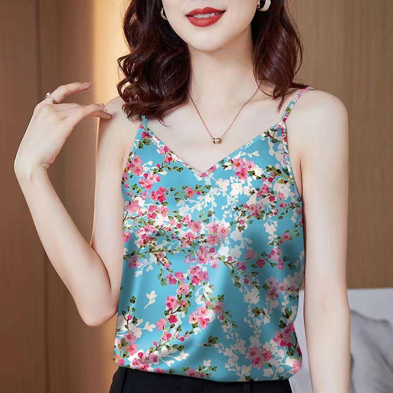 Women's Floral Camisole Undershirt Summer New V-neck Loose Thin Section Sleeveless Bottoming Tops