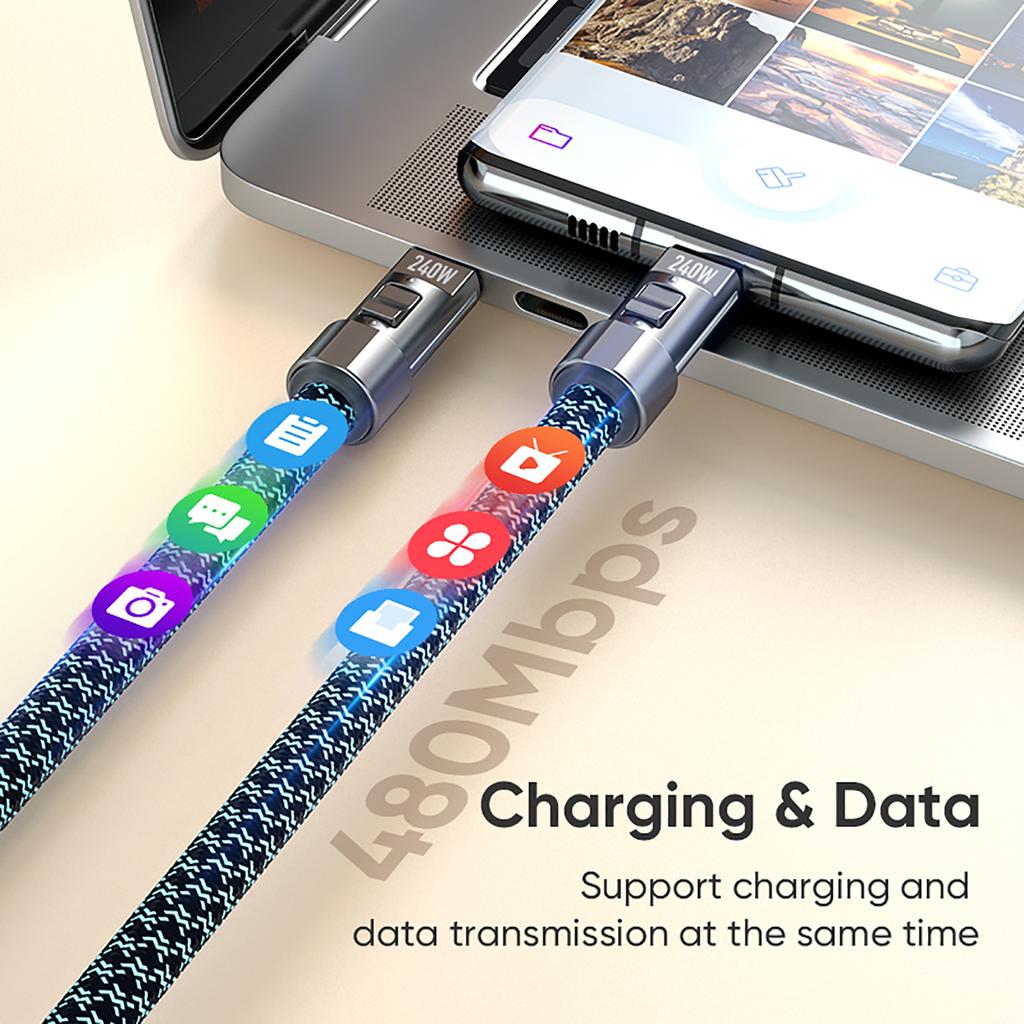 Phone Lanyard Cable 240W Fast Charging Type-C to Type-C Wire with Zinc Alloy Lock Smart Chip 120cm for Laptop Tablet Phone Data Sync