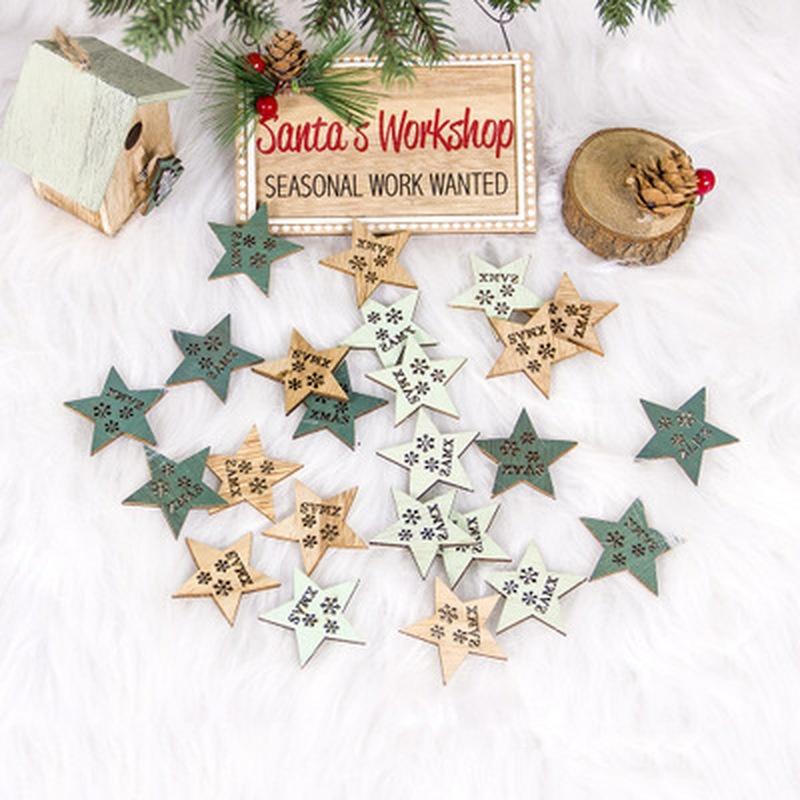24pcs/set Wooden Christmas Tree Ornaments Snowflakes Stars Elk DIY Christmas Hanging Pendant