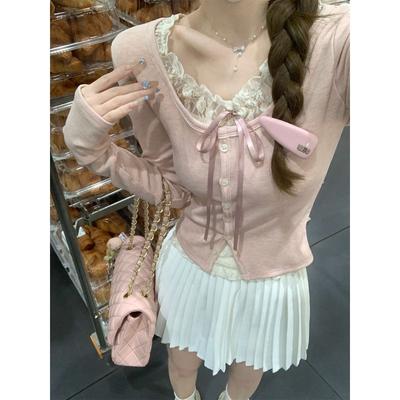 Koronkowe wstawki Słodki T-shirt z długim rękawem w stylu koreańskim na jesień, z efektem dwuczęściowym, zapinany na jeden guzik