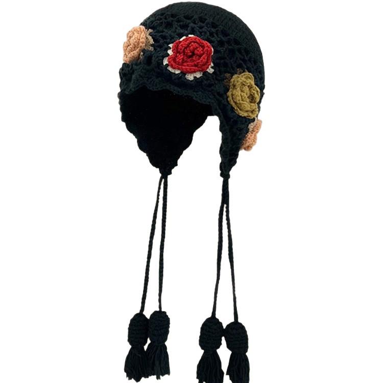 Women's Hand-Knitted Wool Hat with 3D Flowers and Tassels - Ethnic Style Ear Protection for Autumn/Winter Warmth.