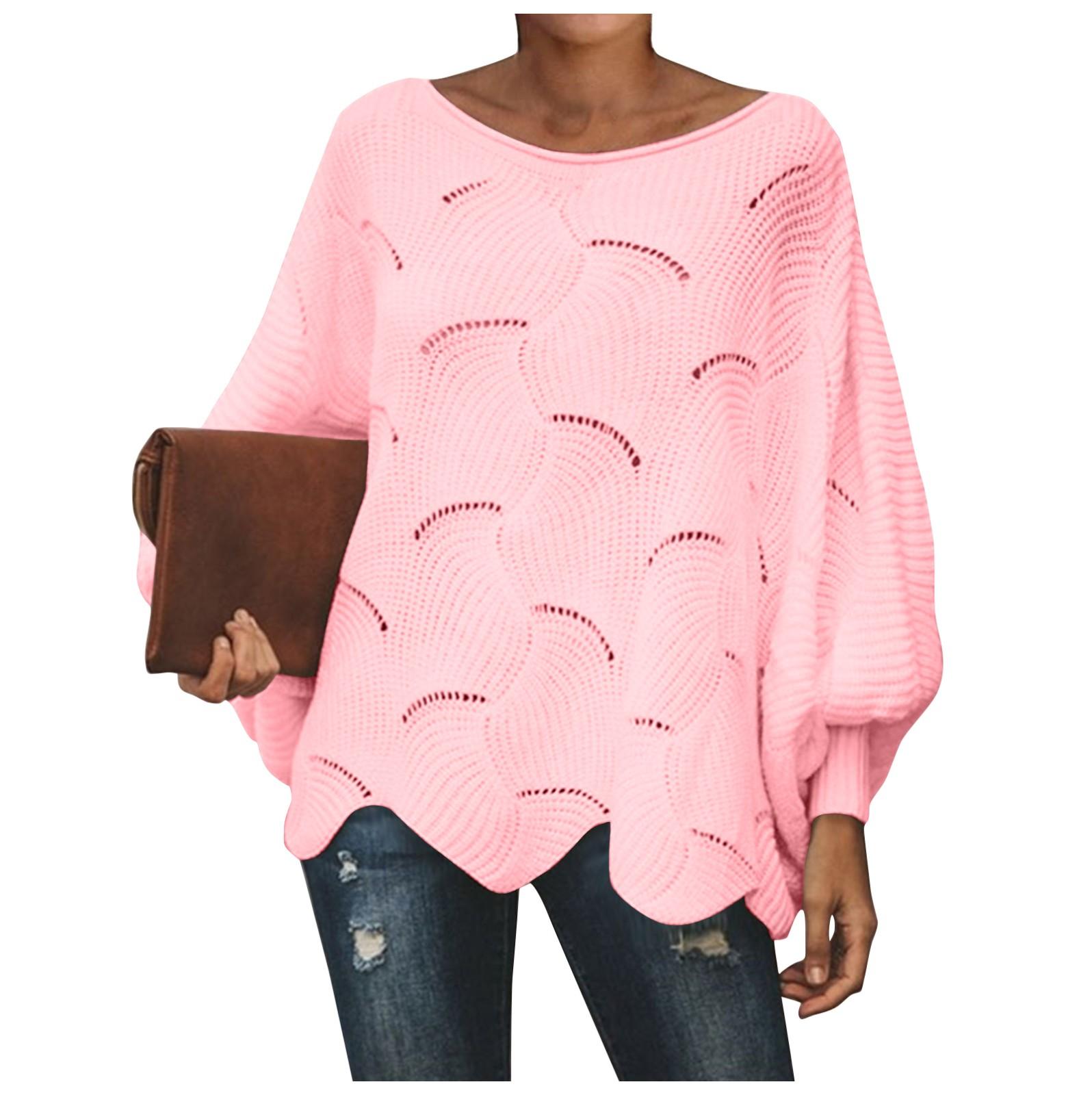 Женский модный топ с круглым вырезом, вязаный крючком, свободный однотонный вязаный свитер с длинными рукавами и рюшами M