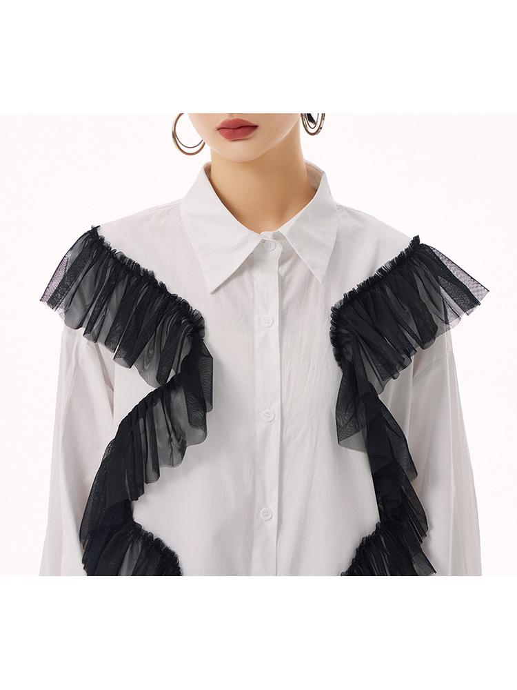 Xitao Patchwork Netz Einfarbig Einreiher Hemdkragen Kleid GMM1184