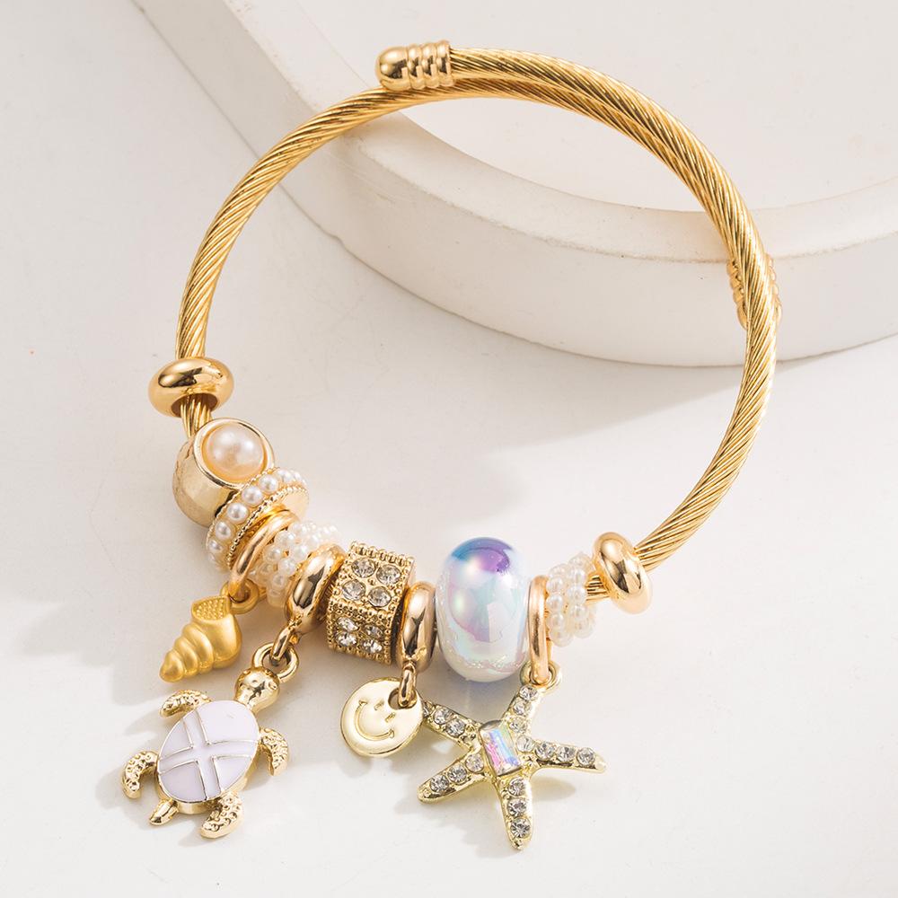 Women's Fashion Bangle Ocean Series Turtle Starfish Pendant With Big Hole Crystal Bead Bangle 14K Gold Plating Charm Bangle