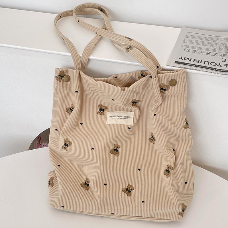 

Вельветовая сумка-тоут с мультяшным принтом медведя, большой вместимости, ручная, на плечо, подмышку хаки