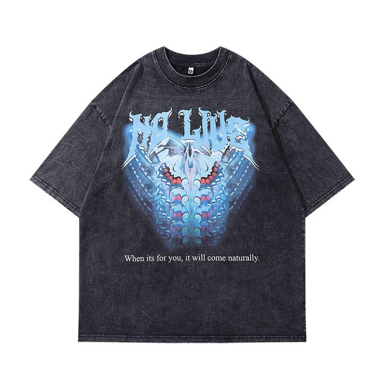 European And American High Street Abstract High Definition Printing Heavy Old Short Sleeve T-Shirt Men And Women Retro Washing Water Half Sleeve Base