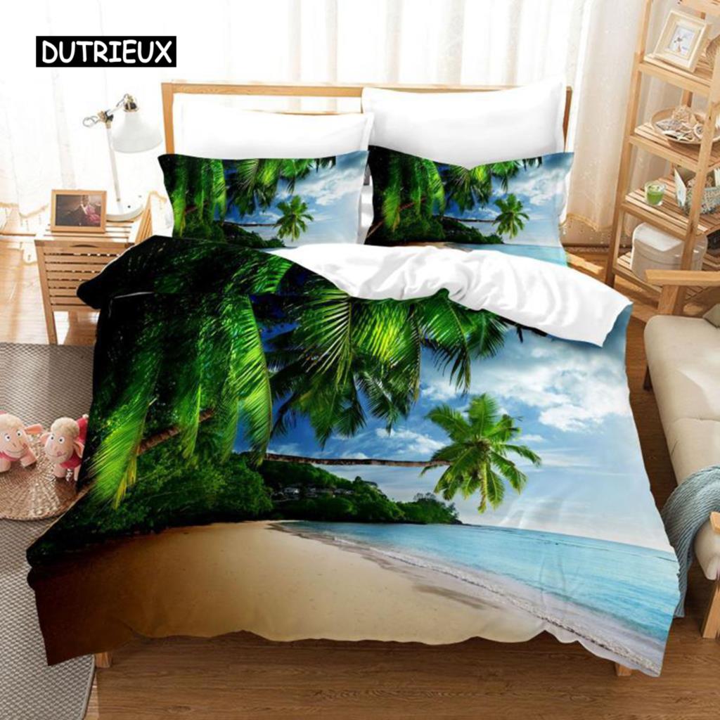 Ocean Duvet Cover Set Summer Beach Decor Hawaiian Vacation Style Bedding Set Palm Tree Tropical Nature Sea Polyester Quilt Cover