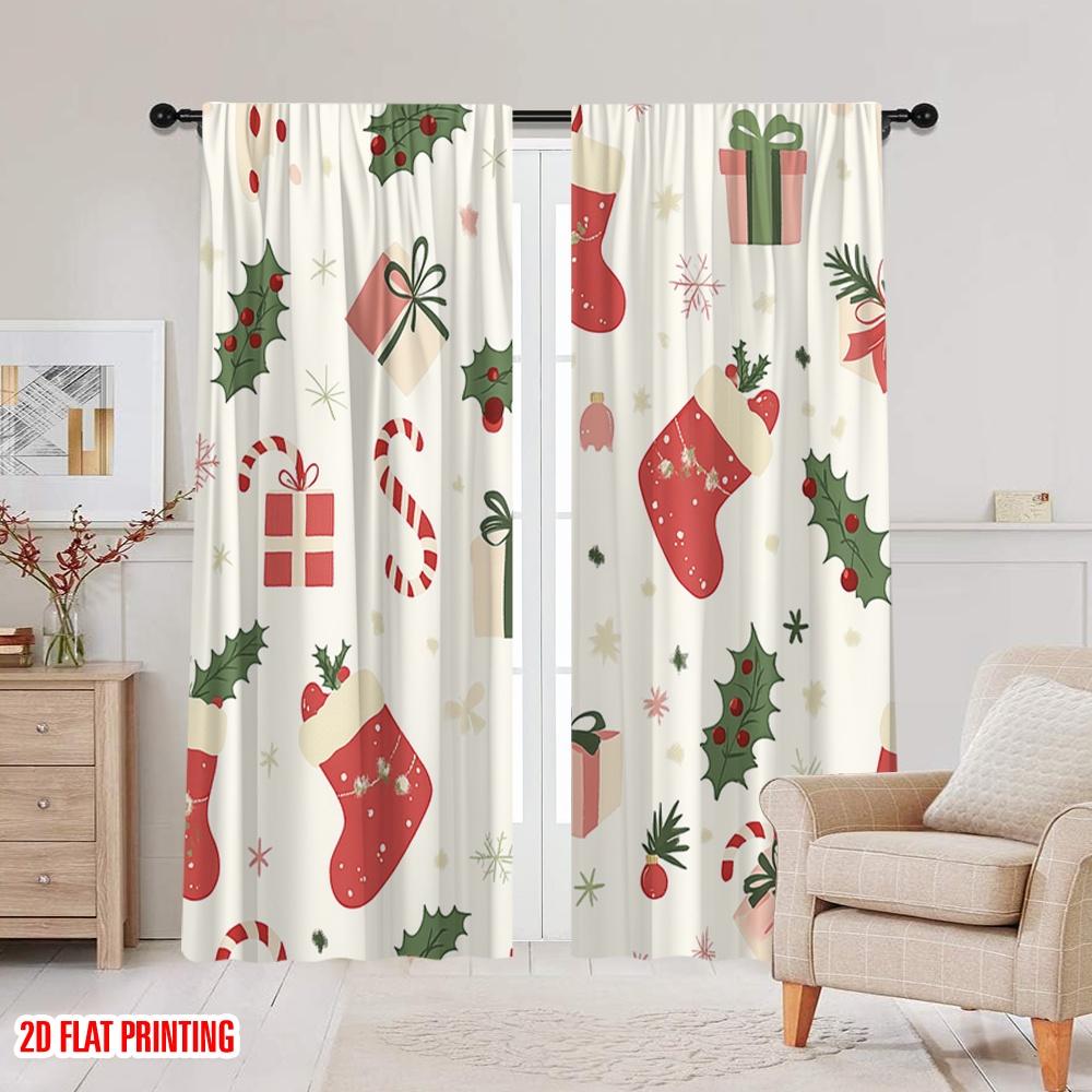 2pcs,2D Plane Printing Creative Curtains Christmas Baubles Holly Candy Canes (3) Durable 100% Polyester Fabric (without Rod)