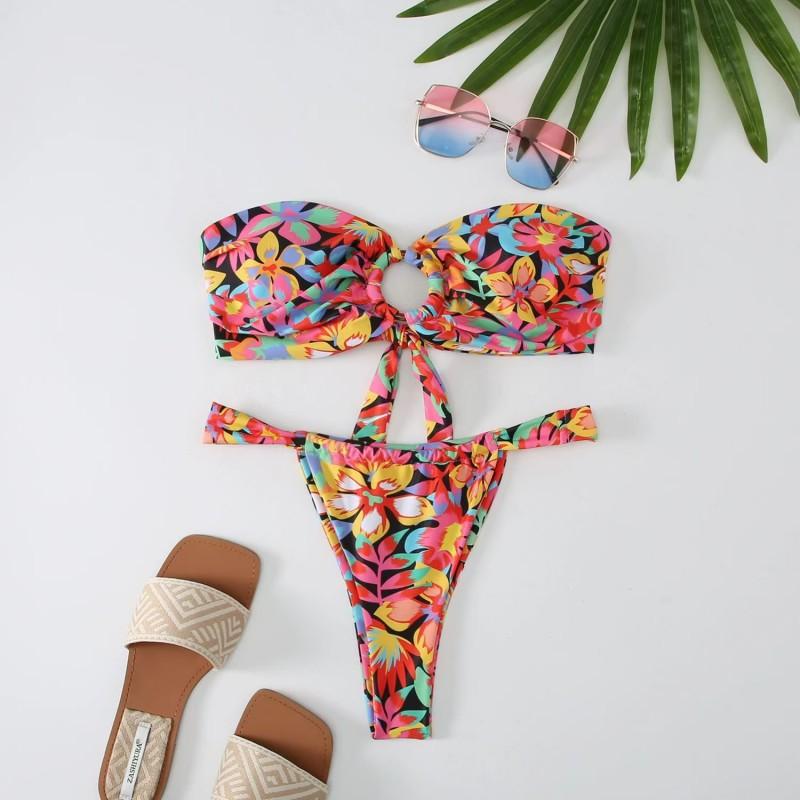 Split Bikini Print Tube Top Sexy Tight Beach Swimsuit Women
