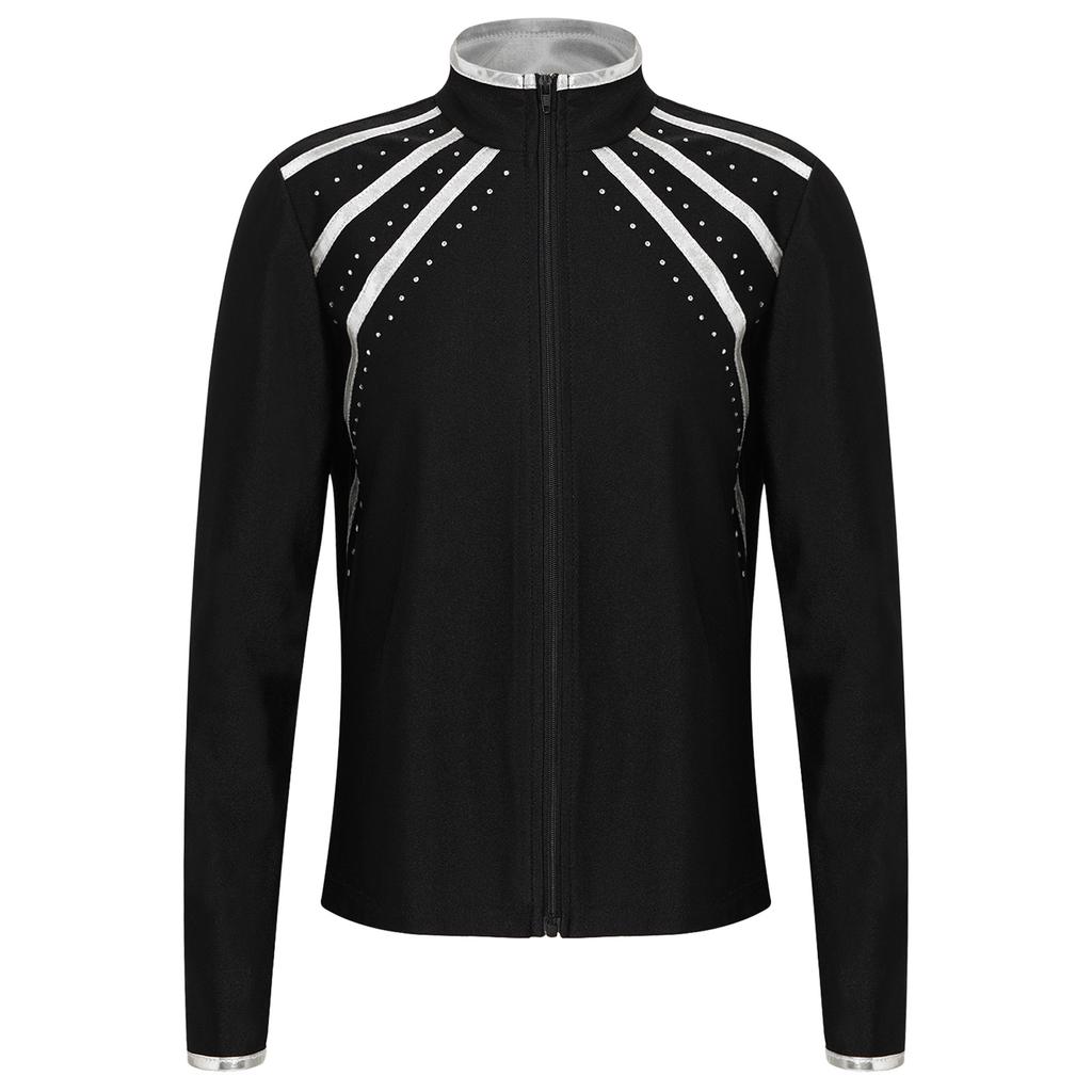 Sweat à capuche enfant scintillant avec strass et rayures métalliques, fermeture éclair, col montant, manches longues pour le patinage artistique, la gymnastique, l'entraînement