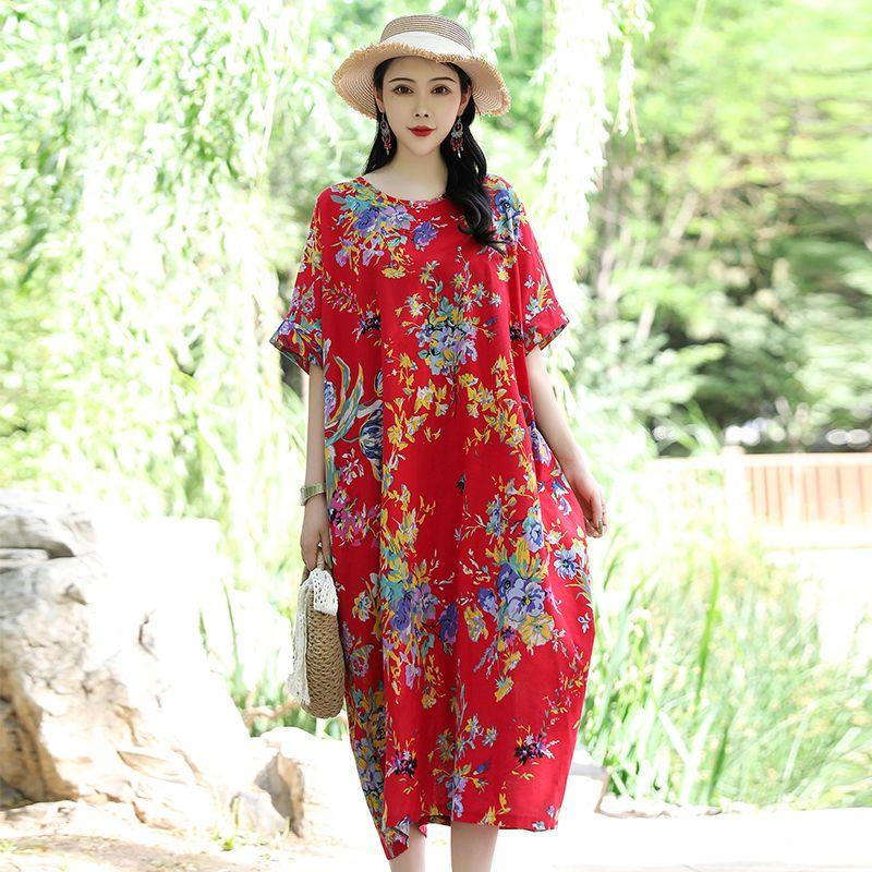 Blumendruck Kleid Damen Sommer Casual O-Ausschnitt Kurzarm Langes Kleid Böhmisches Strand Sommerkleid Vestidos