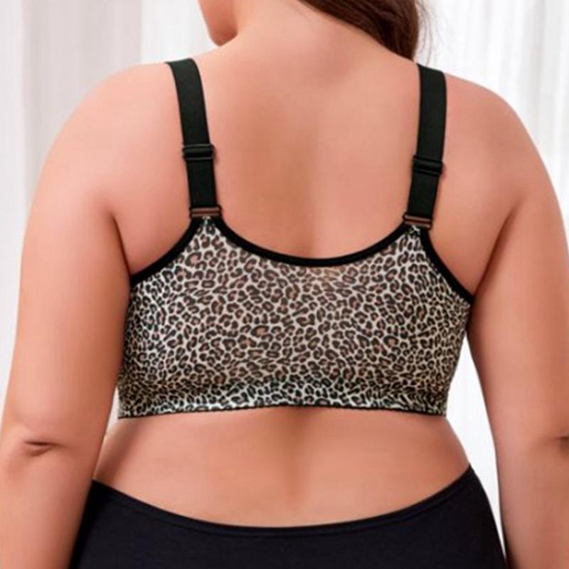 Soutien-gorge pour femme grande taille à boucle avant imprimé léopard avec bretelles réglables