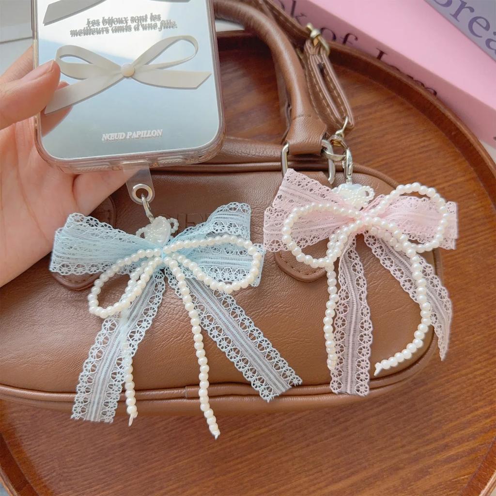 2025 New Sweet Lace Bow Beaded Bow Keychain Phone Charm Strap Pendant for Phone Accessories Bag Hanging Cord for Women Girl