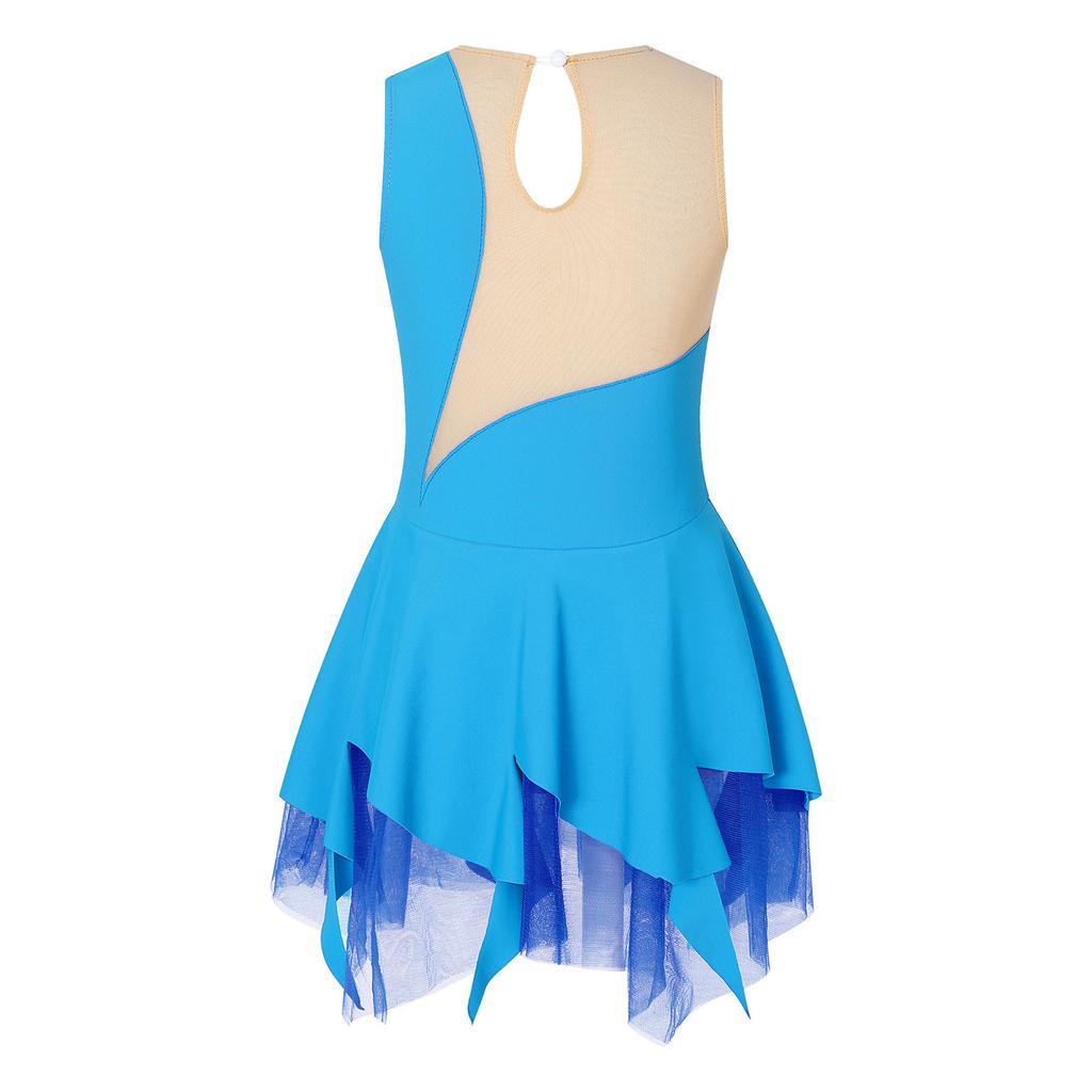 Kids Girls Rhinestone Skating Dress Sleeveless Round Neck Hollow Back Patchwork Style Figure Dance Costume