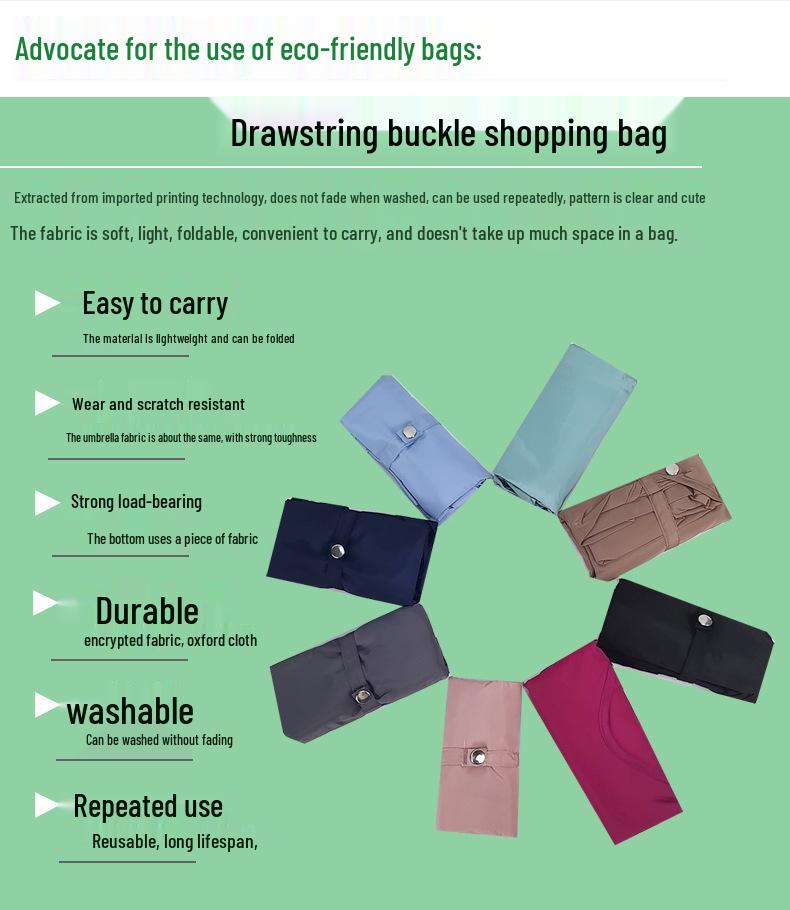 Eco-Friendly Foldable Shopping Tote with Buckle, Drawstring Closure, and Single Shoulder Strap