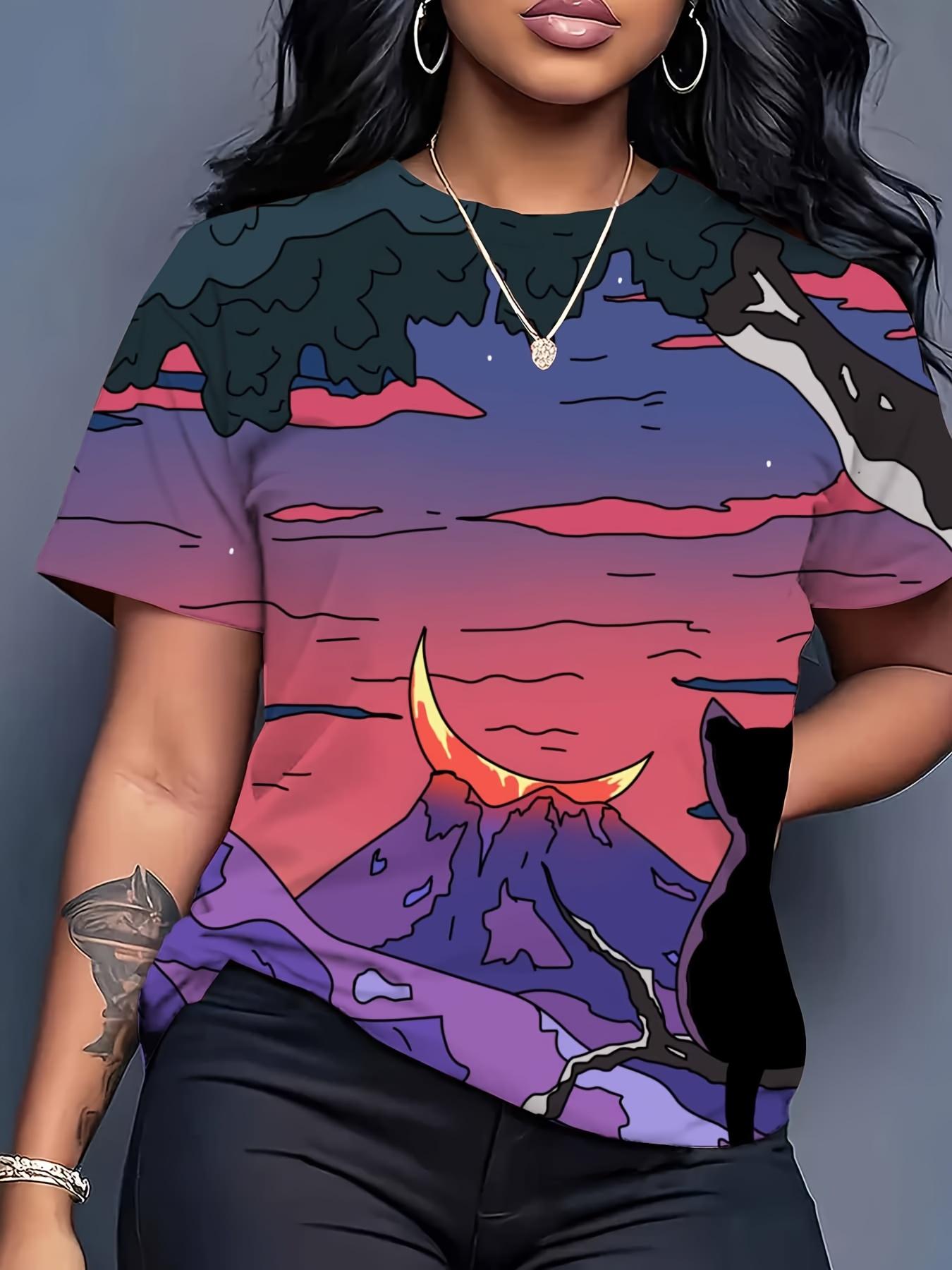 

Women s Japanese Cherry Blossom ; Mount Fuji T-Shirt - Printed Cat Silhouette Blouse-Compatible Round Neck Short Sleeve Top. Vibrant PinkBluePurpleOra 3XL дубильна кора