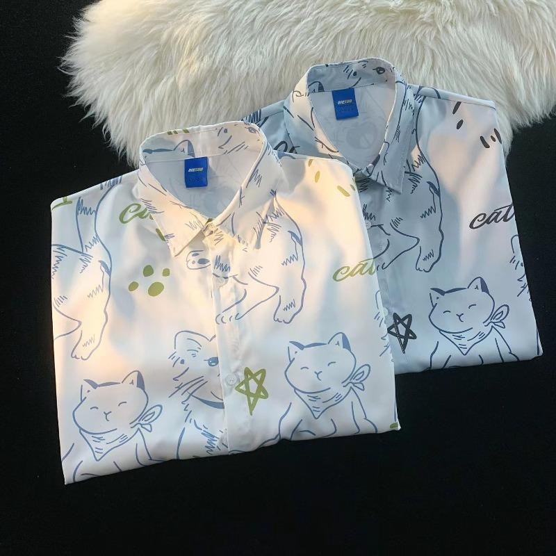 Cat Pattern Short Sleeve Shirt for Woman Harajuku Style Loose Student Casual Shirts Summer New Lapel Single Breasted Top