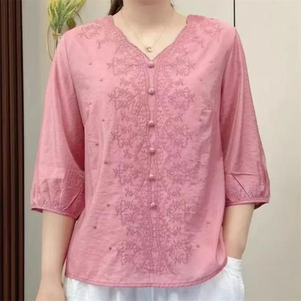 Women's Cotton And Linen V-neck Short-sleeved Fashionable Casual Loose Plus-size Top