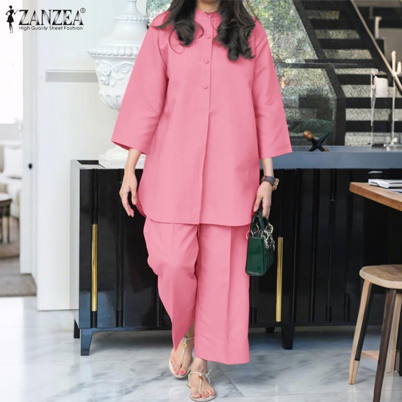 ZANZEA Women 3/4 Sleeve Long Blouse and Pants Casual Two Piece Suit Sets