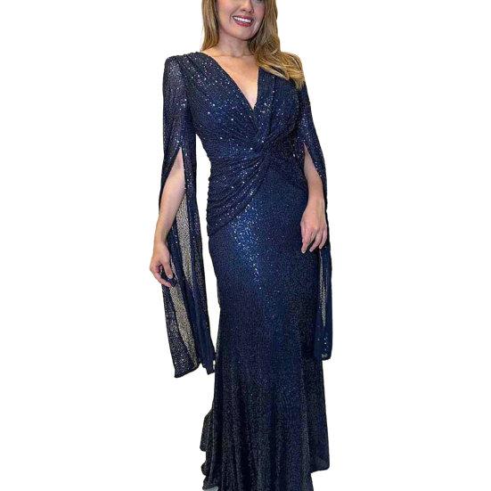 Abito da sera da donna Maniche divise Profondo scollo a V Paillettes lucide Vestibilità attillata Vita stretta Nodo Pieghettato Lunghezza intera Tinta unita Lady Prom Banchetto Abito lungo