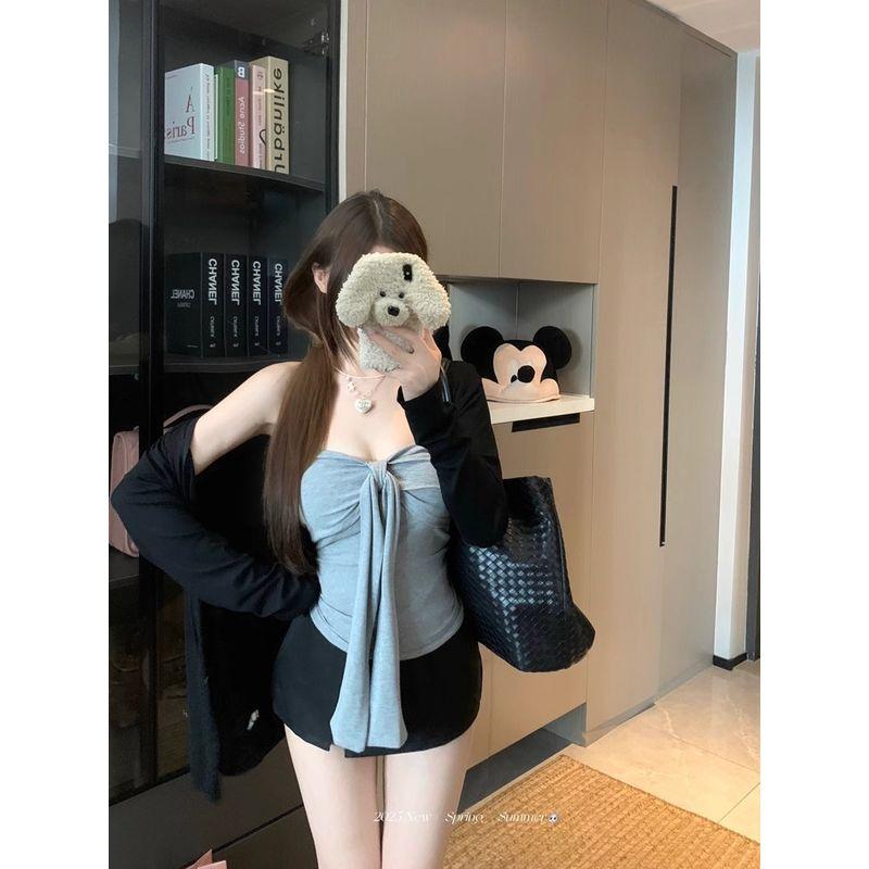 Kumikumi Pure Desire Style Sexy Gray Strapless Vest Women's Black Outwear Autumn High Waist Skirt Three-Piece Set