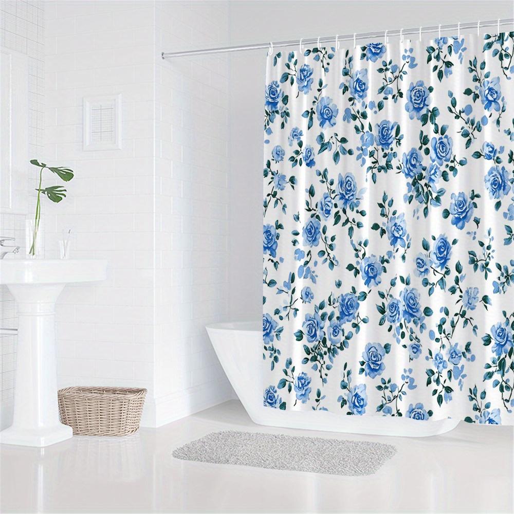 1Pc Floral Shower Curtain With Watercolor Blue Rose Pattern, Polyester Fabric Machine Washable, Suitable For Bathroom Decoration