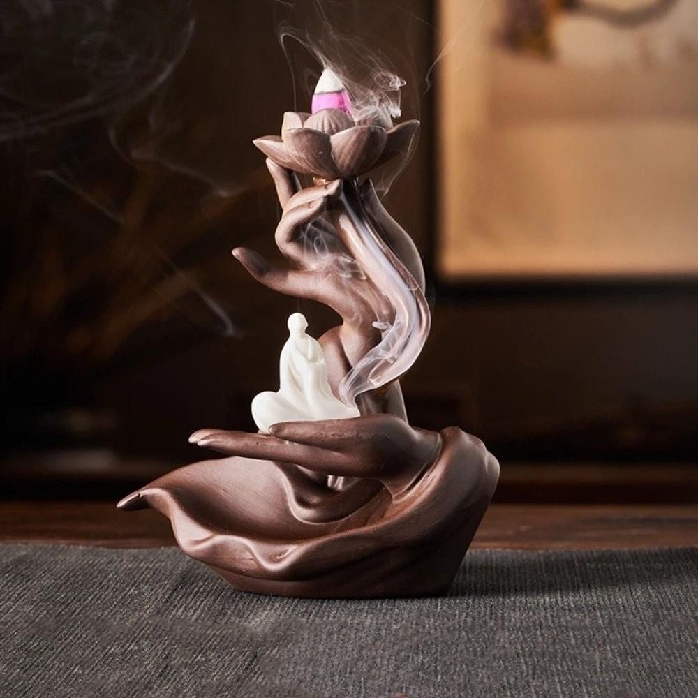 Lotus Flower Incense Burner Fountain Hand Shape Incense Stick Holder Home Decoration