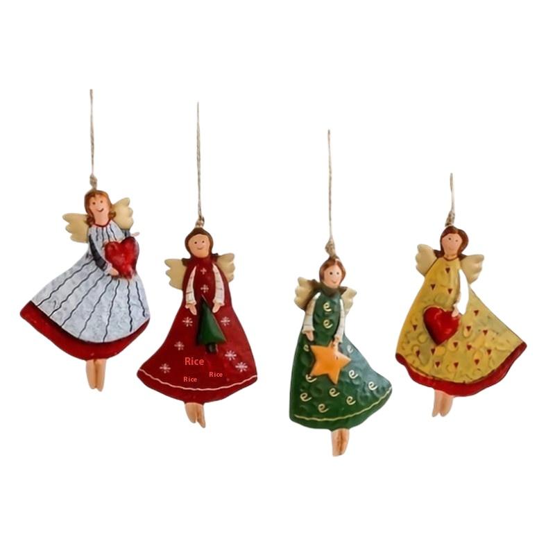 4Pcs Handmade Wooden Angel Ornaments, Rustic Christmas Tree Hanging Decor for Home, Vintage New Year Holiday Gift Set