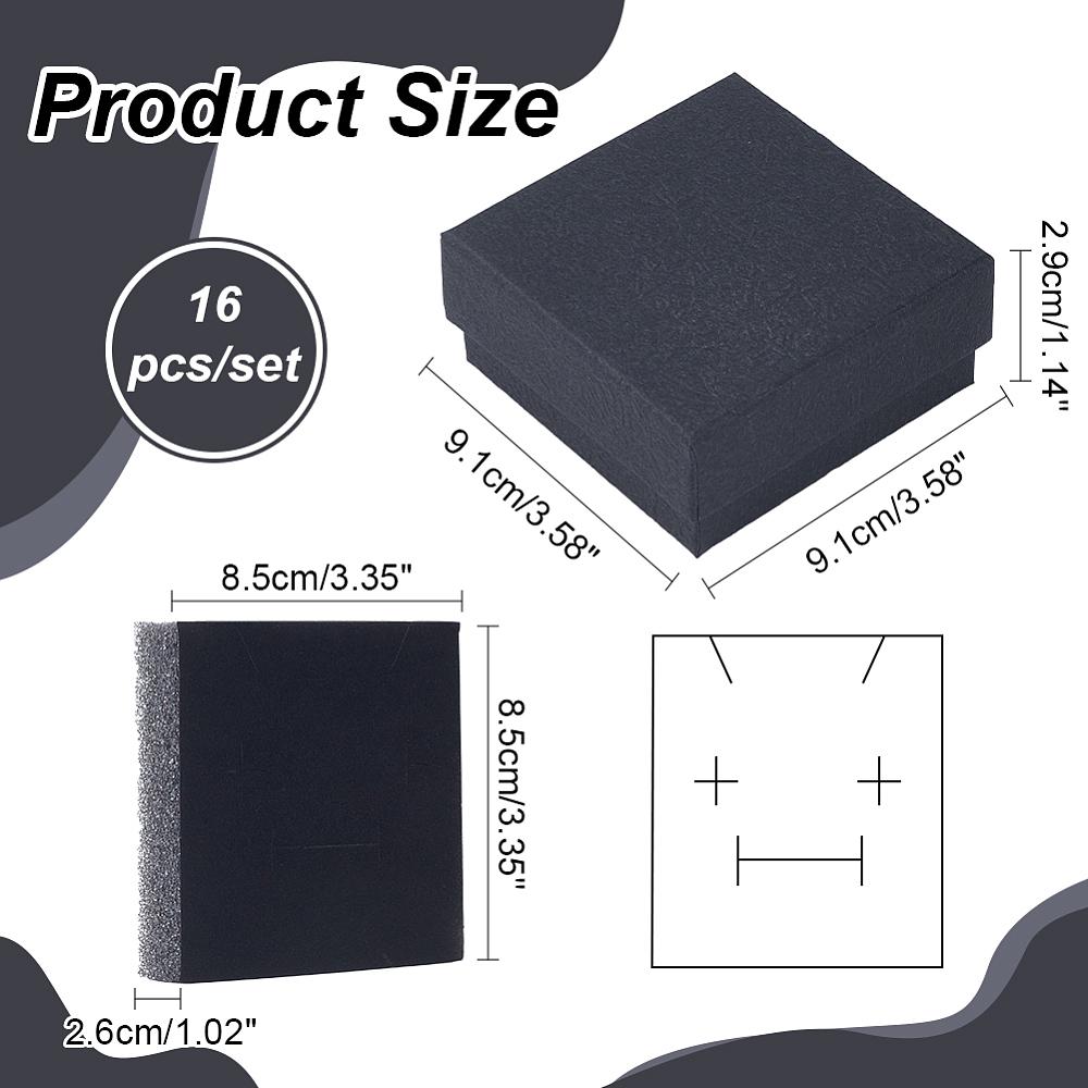1set Texture Paper Jewelry Gift Boxes with Sponge Mat Inside Square Black 9.1x9.1x2.9cm Inner Diameter: 8.5x8.5cm Deep: 2.6cm 16pcs/set