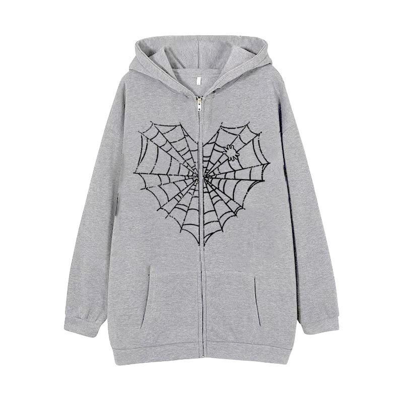 Colorful Spider Web Print Zip Up Hoodie Loose Fit Streetwear Y2K Couple Outerwear